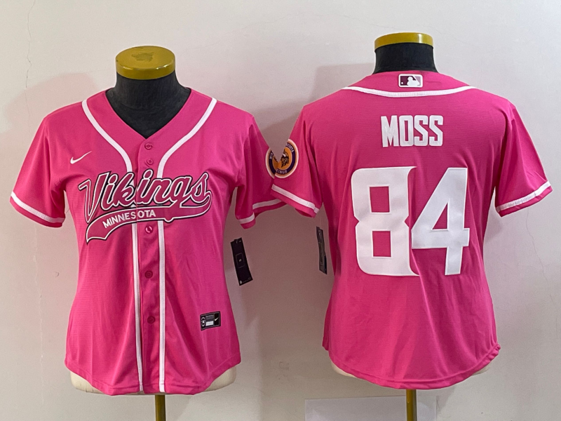 Youth Minnesota Vikings #84 Randy Moss Pink With Patch Cool Base Stitched Baseball Jersey